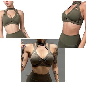 Sexy olive army khaki green cut-out halter top sports bra Sz S